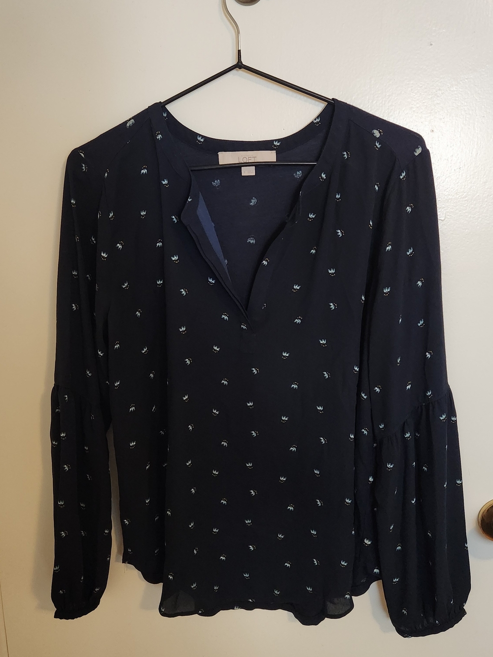 LOFT Navy Micro Floral Split-Neck Blouse